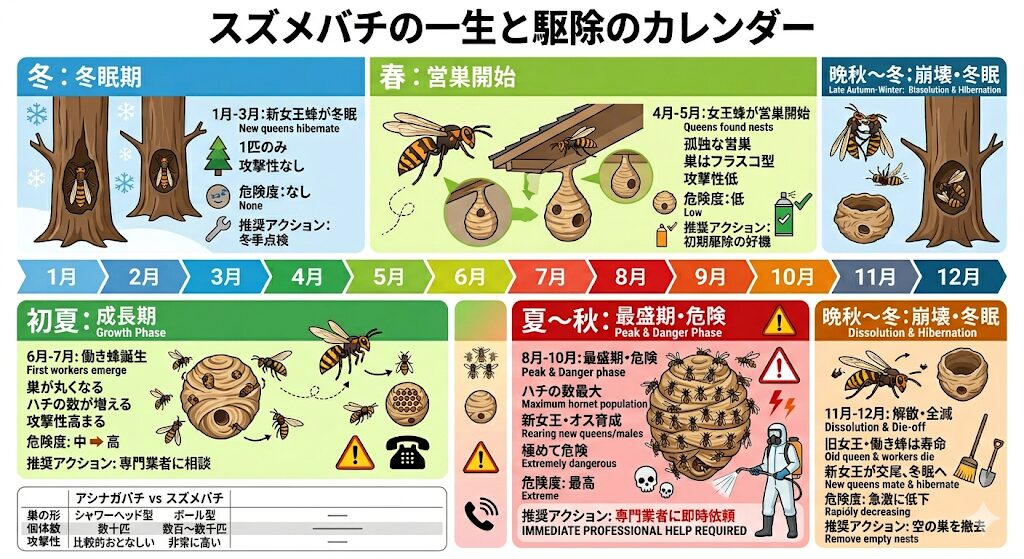 イラストによるスズメバチ活動カレンダー