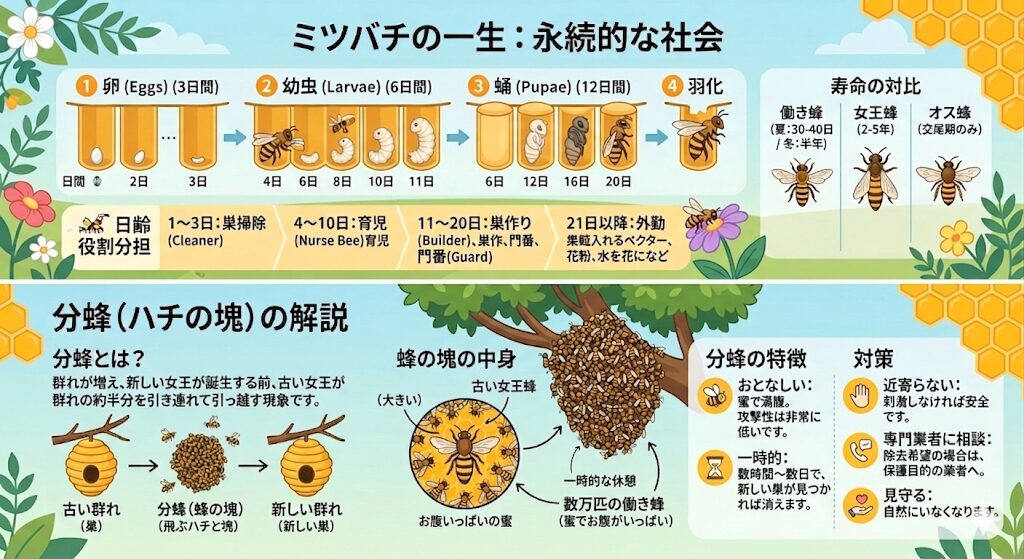 イラスト解説によるミツバチの一生