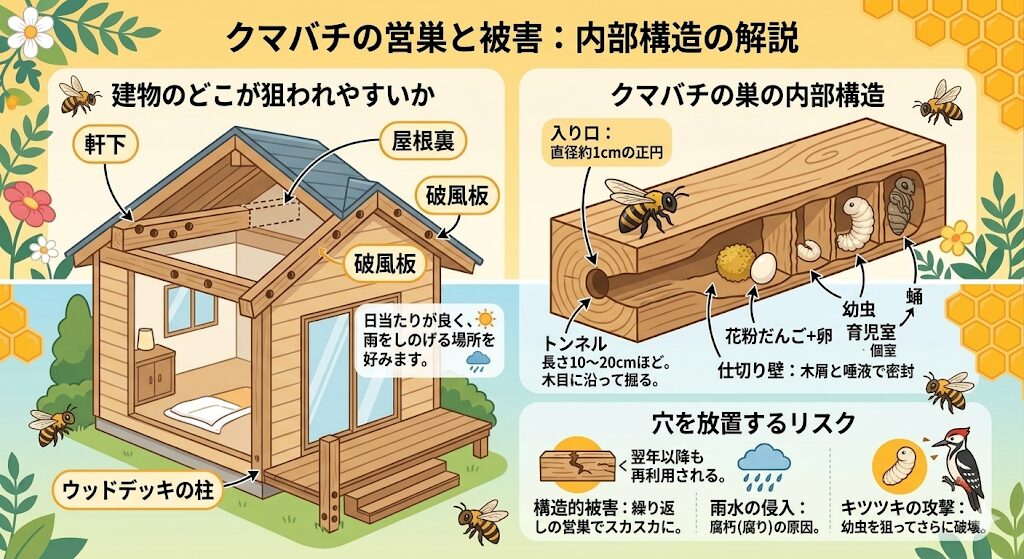 クマバチの営巣箇所と巣の内部のイラスト