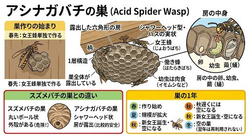 イラストによるアシナガバチの巣の解説