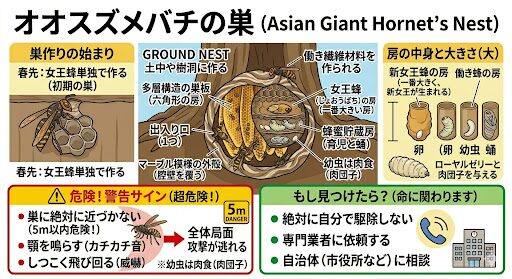 イラストによるオオスズメバチの巣の解説