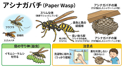 イラストによるアシナガバチの解説