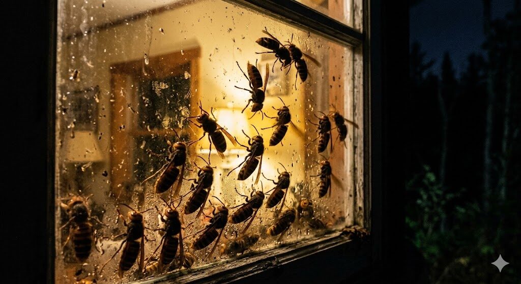 夜の窓にたかるハチの画像2