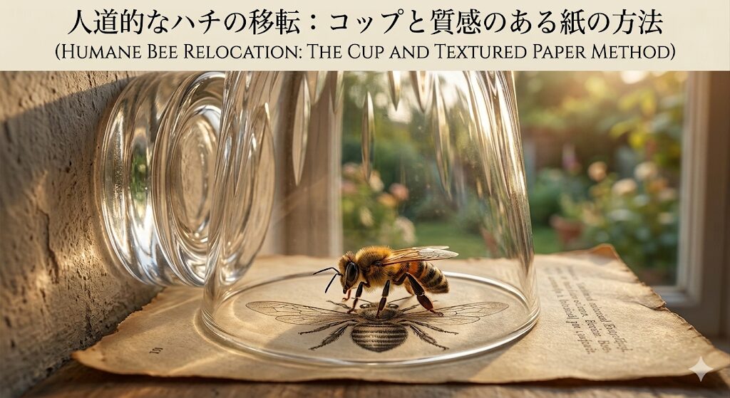 コップとか厚紙でハチを確保した画像
